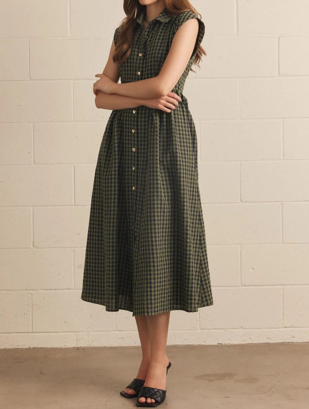 Gingham Sleeveless Collared Waisted Midi Dress