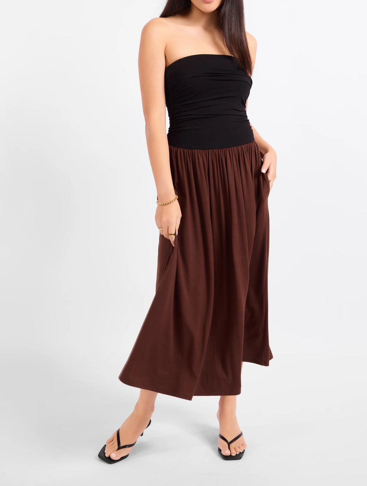 Strapless Color Block Flowy Midi Dress