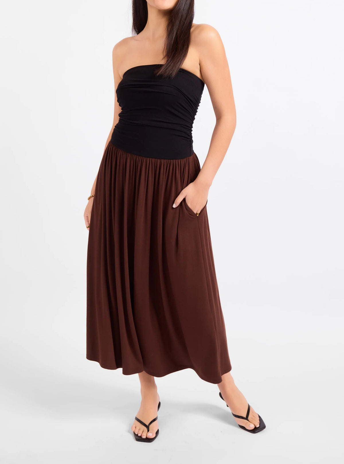 Strapless Color Block Flowy Midi Dress