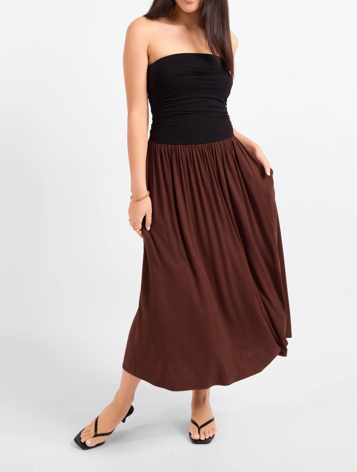 Strapless Color Block Flowy Midi Dress