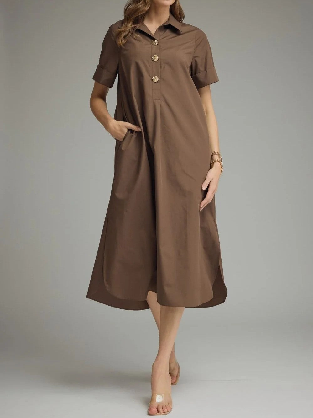 Collared Short Sleeve Button Front Loose Shirt Midi Dress