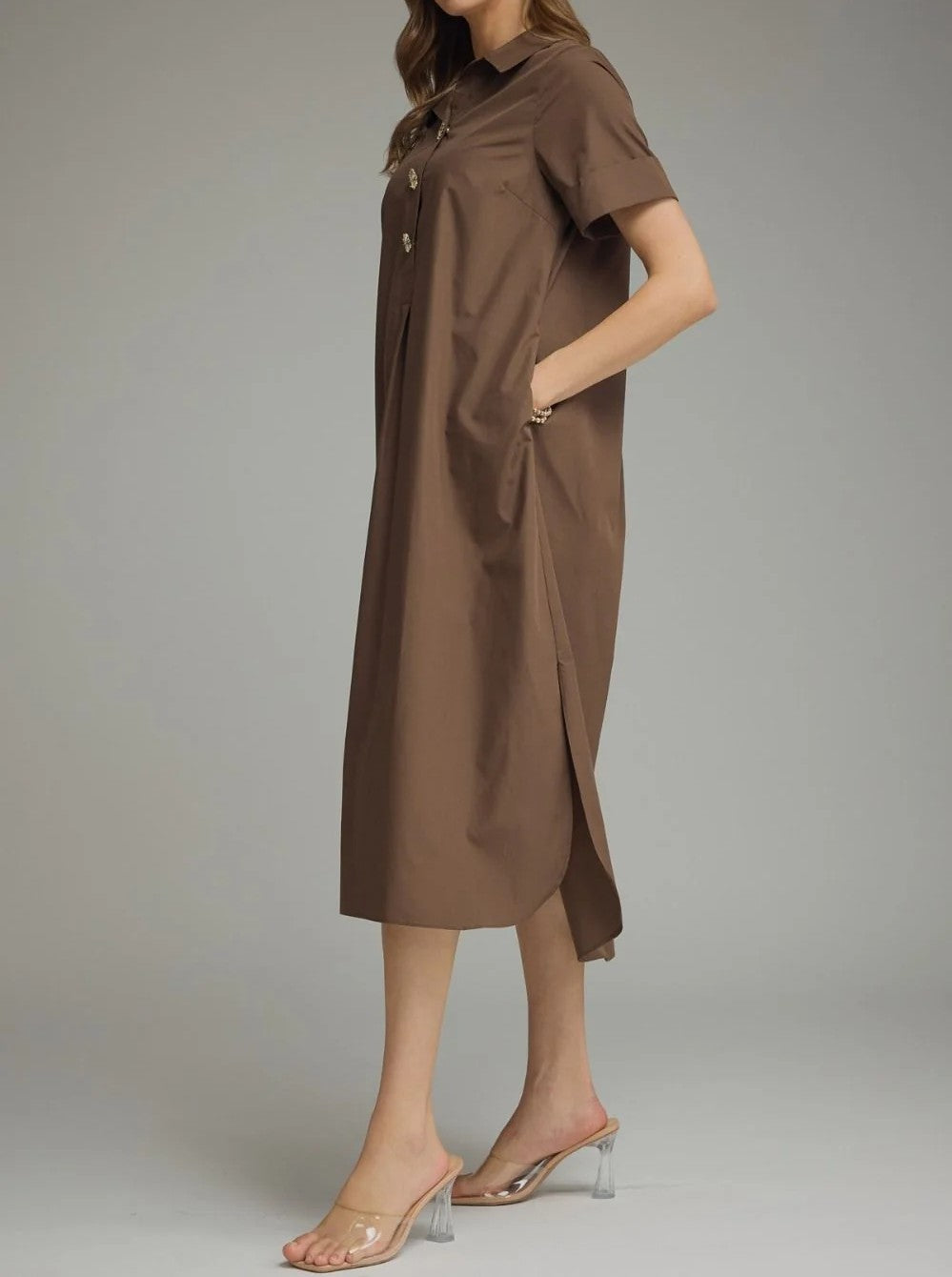 Collared Short Sleeve Button Front Loose Shirt Midi Dress