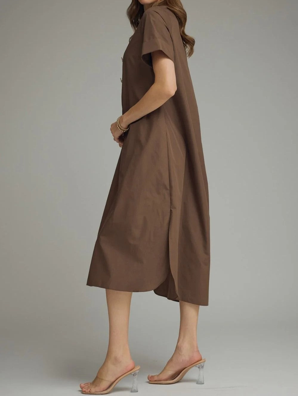 Collared Short Sleeve Button Front Loose Shirt Midi Dress