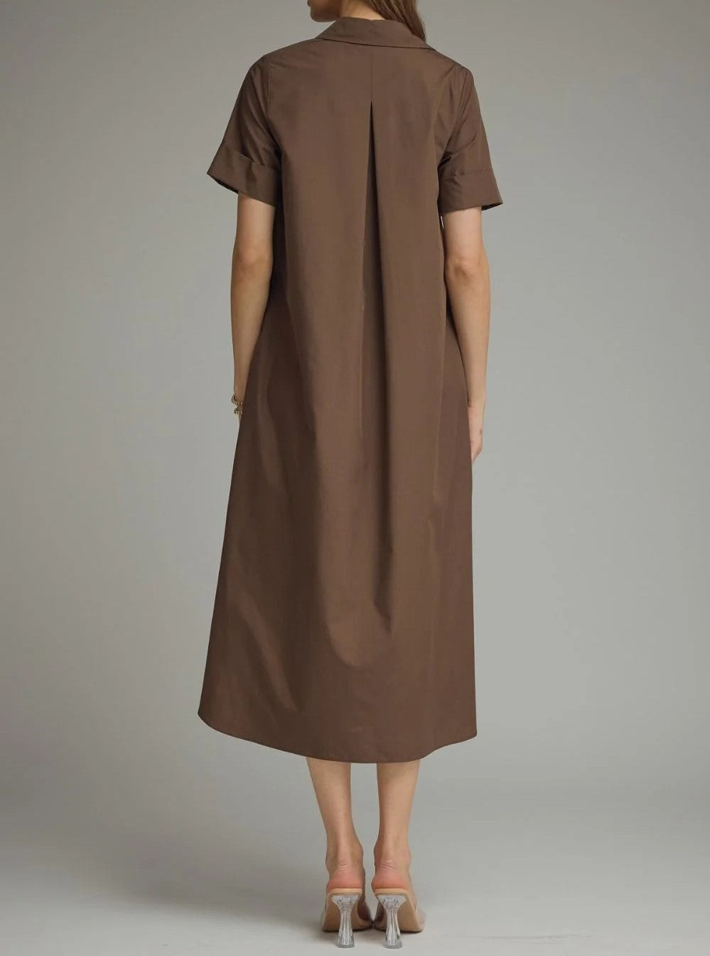 Collared Short Sleeve Button Front Loose Shirt Midi Dress