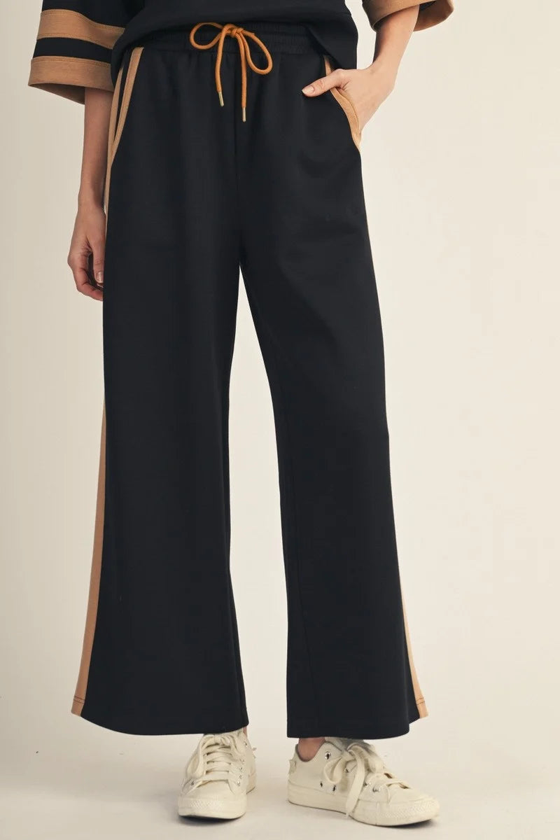 Drawstring Wide Leg Casual Sweatpants with Side Contrast Strip