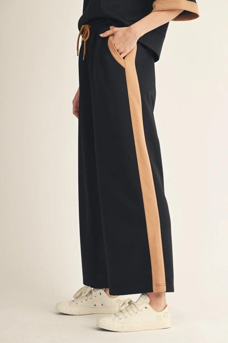 Drawstring Wide Leg Casual Sweatpants with Side Contrast Strip