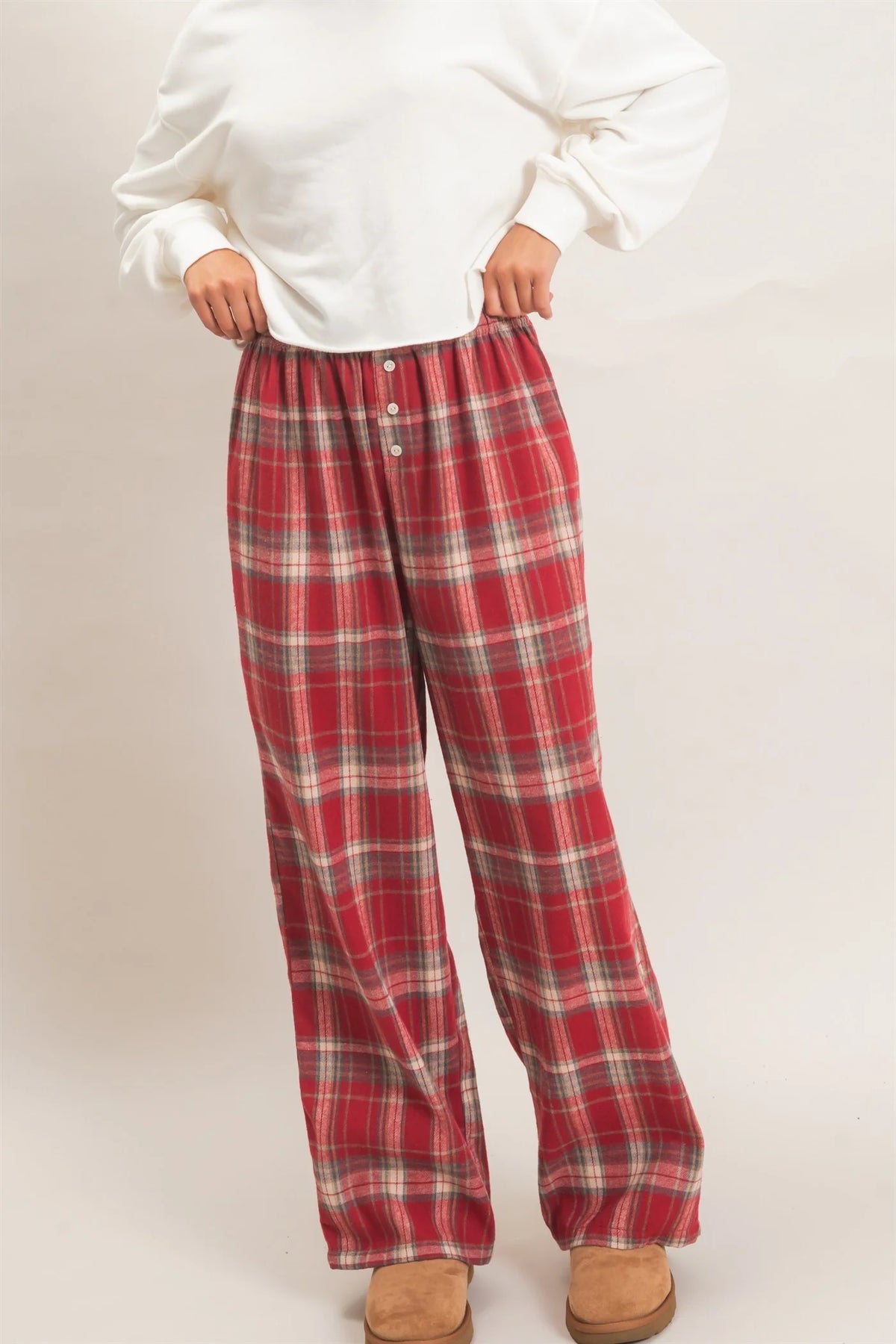 Red Plaid Elastic Waist Relaxed Wide Leg Trousers