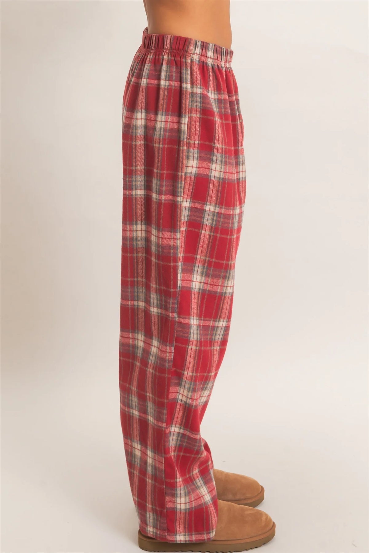Red Plaid Elastic Waist Relaxed Wide Leg Trousers
