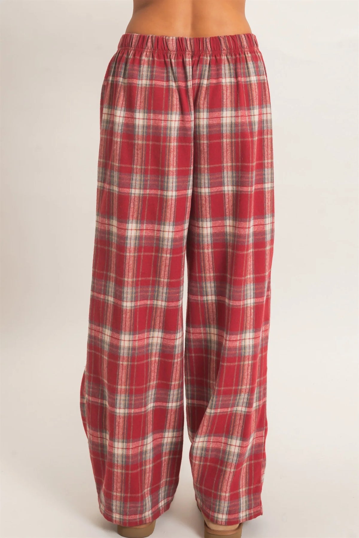 Red Plaid Elastic Waist Relaxed Wide Leg Trousers