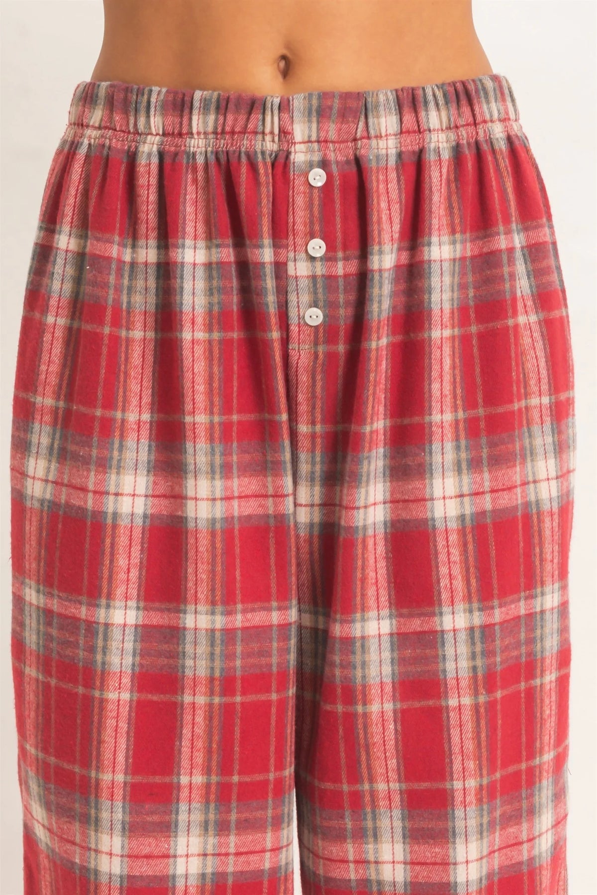 Red Plaid Elastic Waist Relaxed Wide Leg Trousers