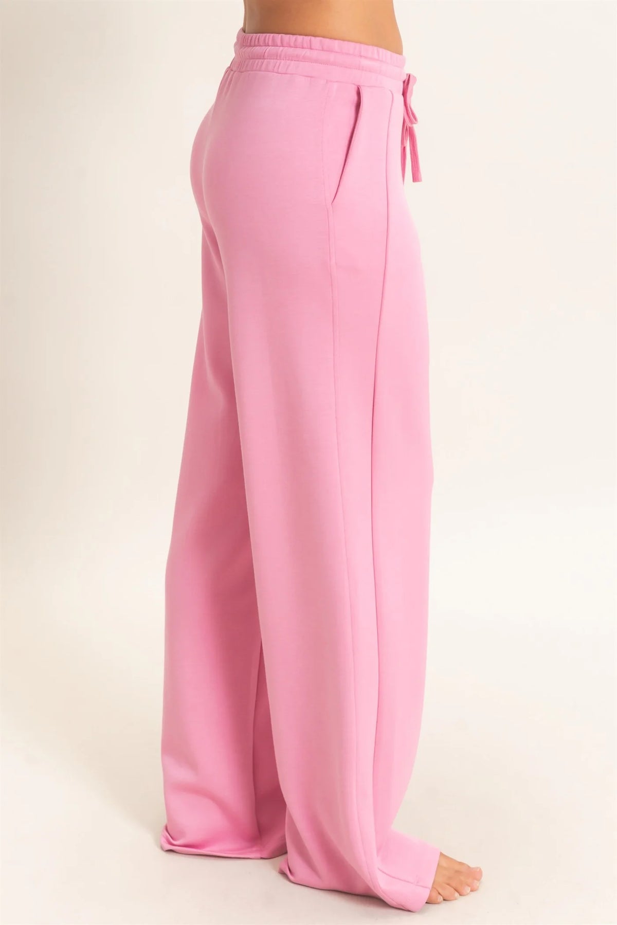 Pink Elastic Drawstring Waist Straight Leg Casual Pants