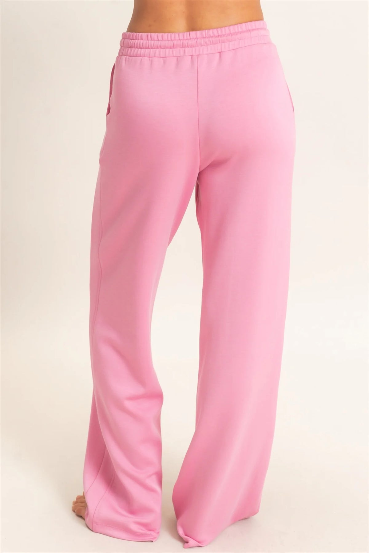Pink Elastic Drawstring Waist Straight Leg Casual Pants
