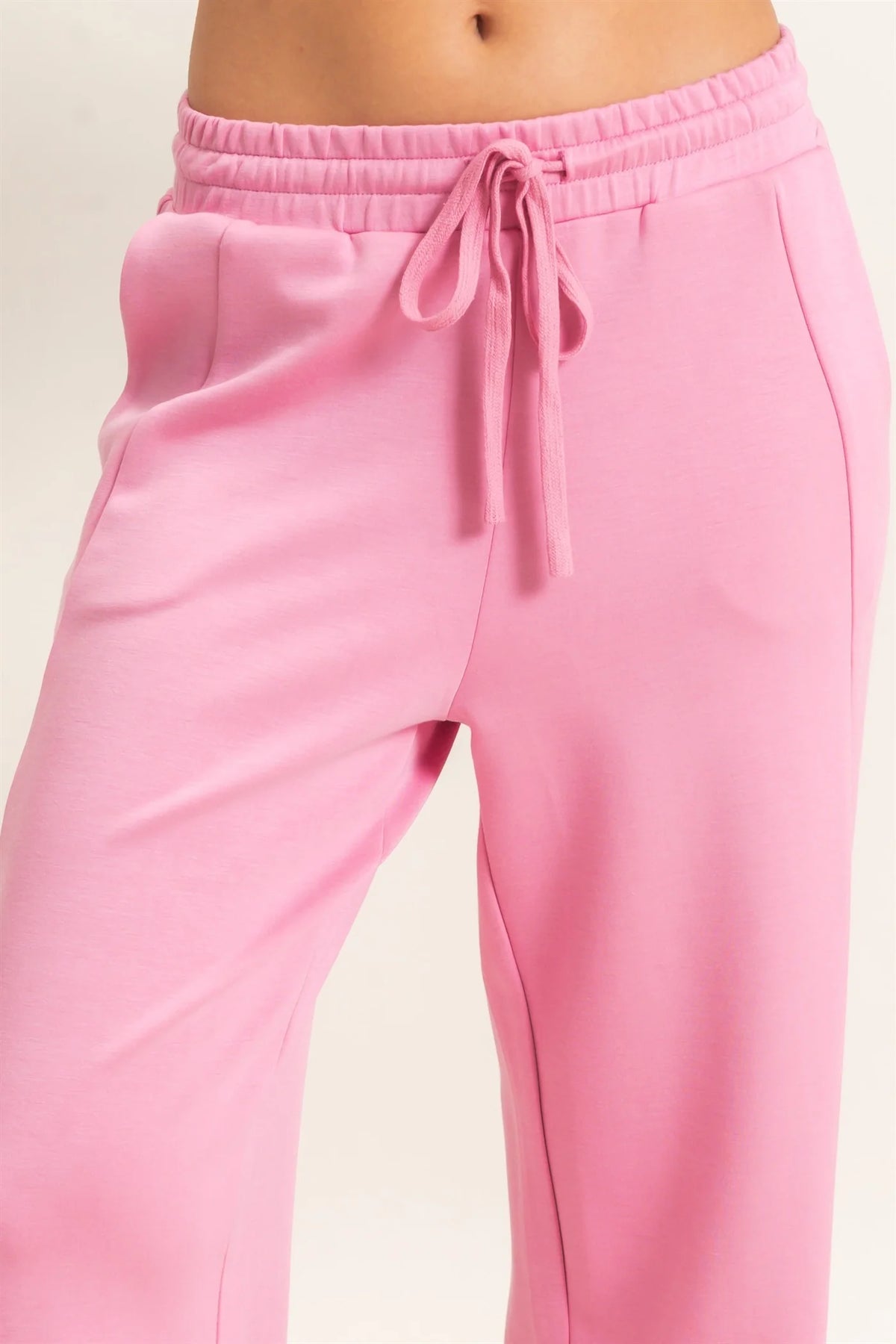 Pink Elastic Drawstring Waist Straight Leg Casual Pants