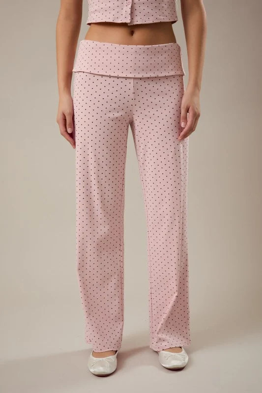 Light Pink Polka Dot Foldover Low Waist Straight Pants