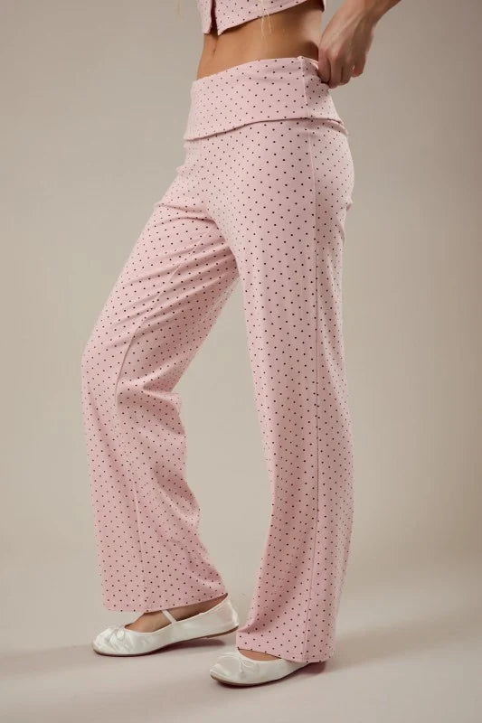 Light Pink Polka Dot Foldover Low Waist Straight Pants