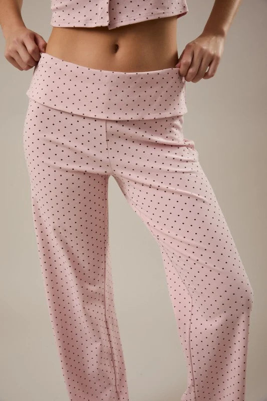 Light Pink Polka Dot Foldover Low Waist Straight Pants